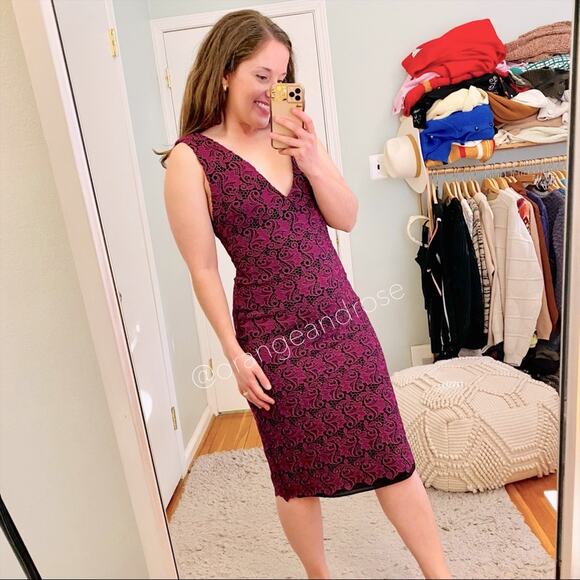 Alice + Olivia Dresses & Skirts - Alice + Olivia Purple Black Lace Floral Intricate V Neck MIDI Gown Dress Event 6